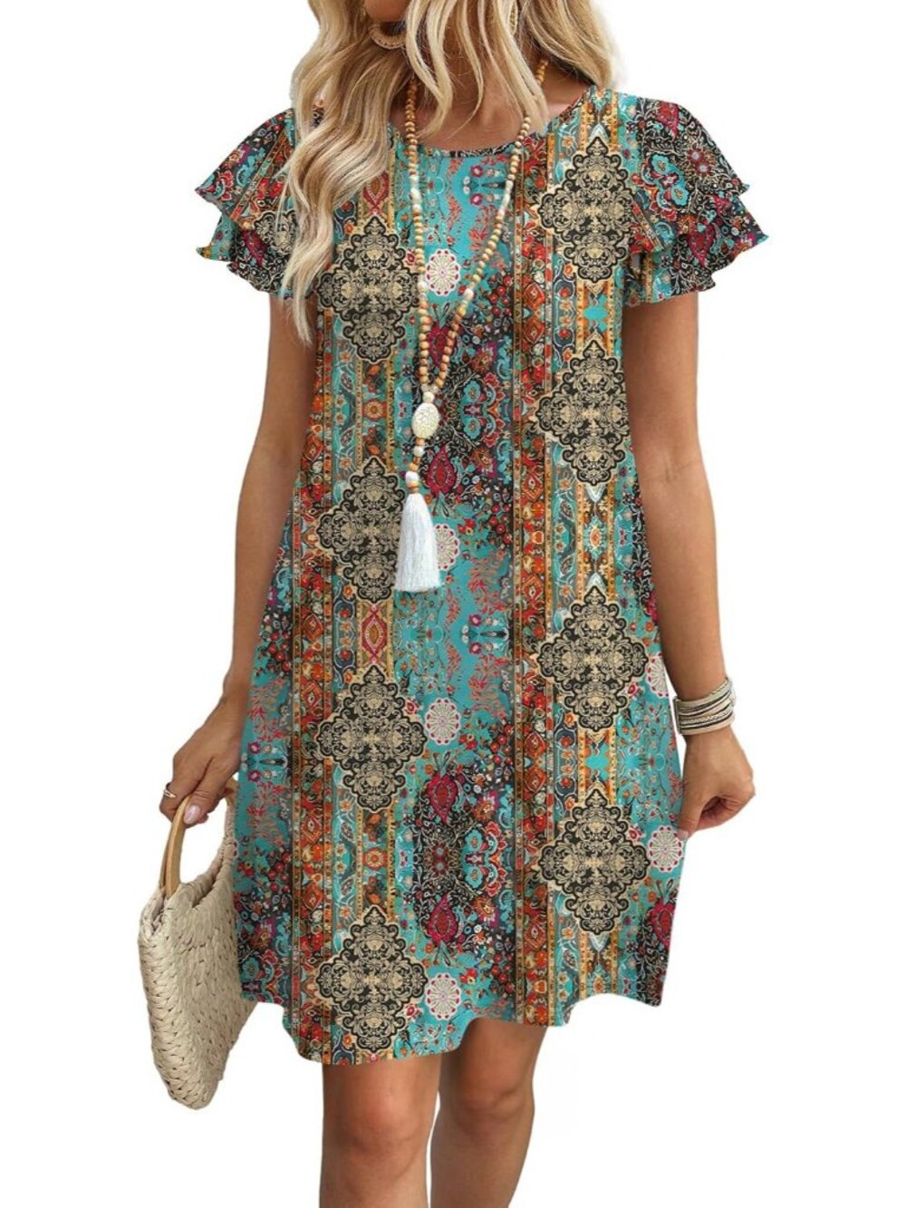 Women's Multi Color Polyester Blend Cap Sleeve Crew Neck Pull On Mini Dress
